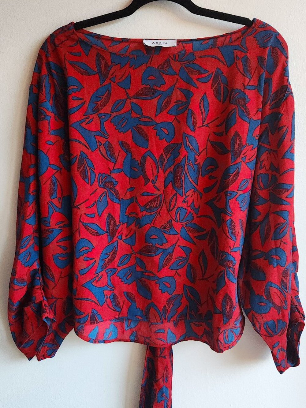 Axara Paris Red & Blue Abstract Botanical Tie Waist Blouse - Sz S (oversized)